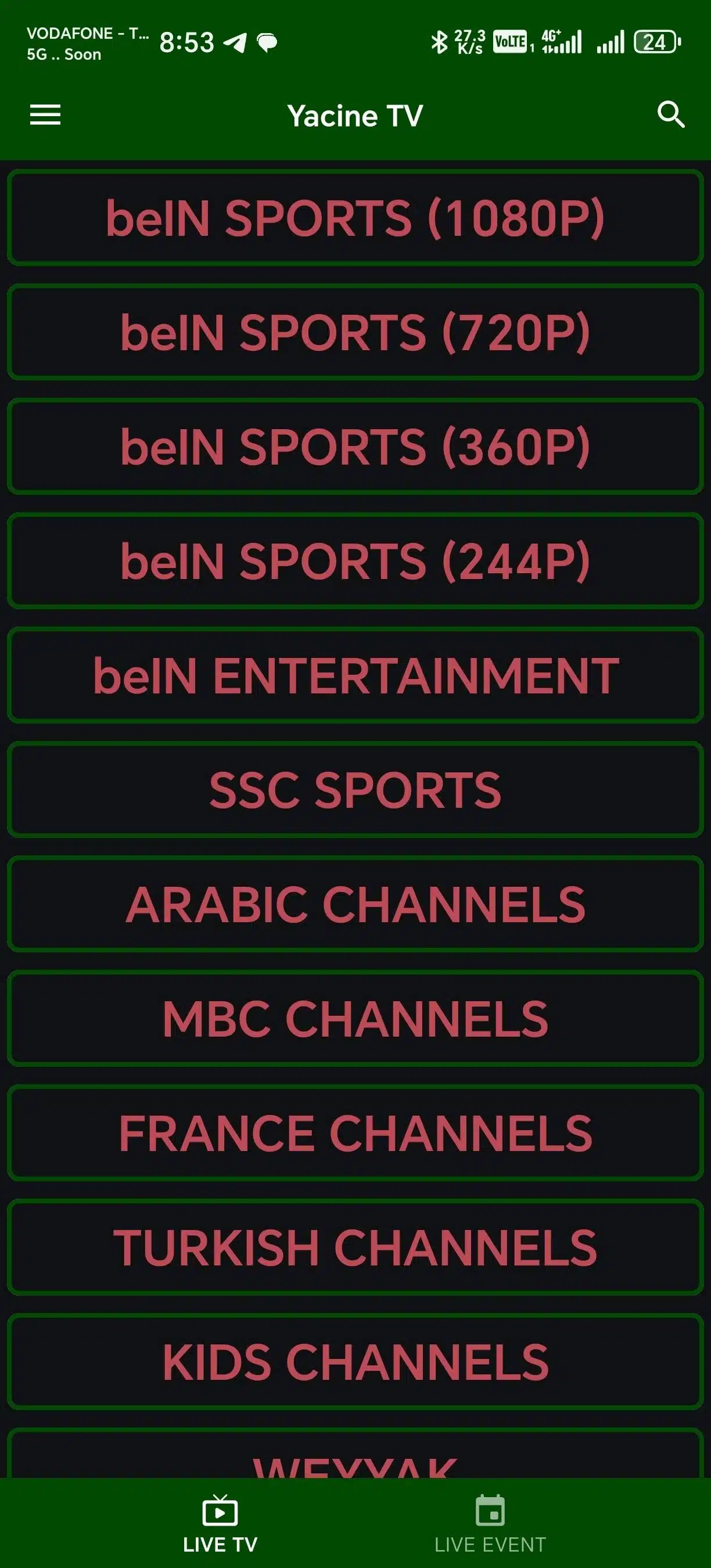 تحميل تطبيق ياسين تيفي الأخضر بريميوم Yacine Tv Green Premium مهكر للاندرويد Apk أخر إصدار 2026 مجانا تحميل تطبيق ياسين تيفي الأخضر بريميوم Yacine Tv Green Premium مهكر للاندرويد Apk أخر إصدار 2026 مجانا